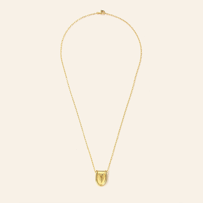 Gold necklace with a shield pendant on a beige background